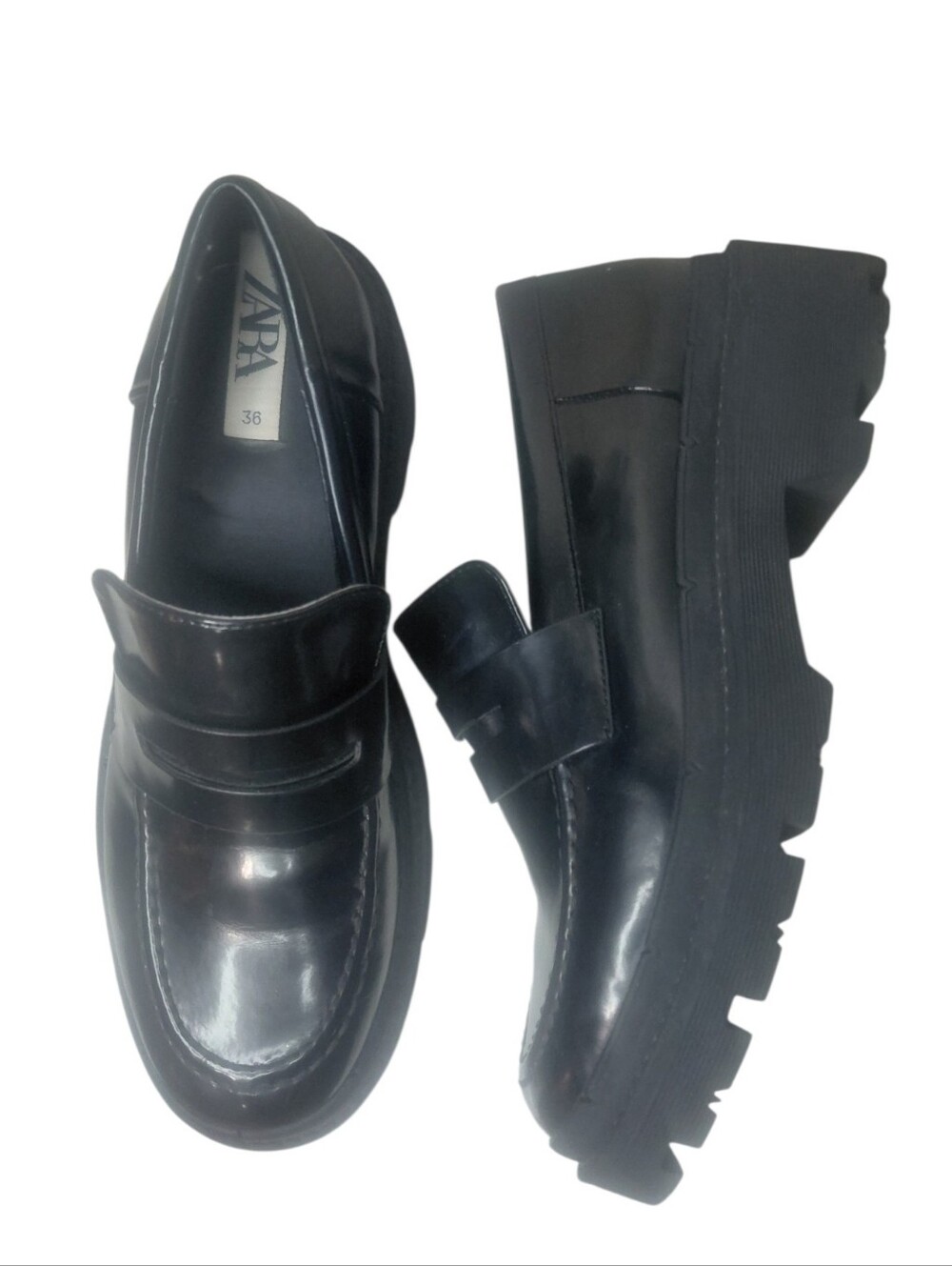 ZARA Black Patent Lug Sole Penny Loafers Women's Size 6